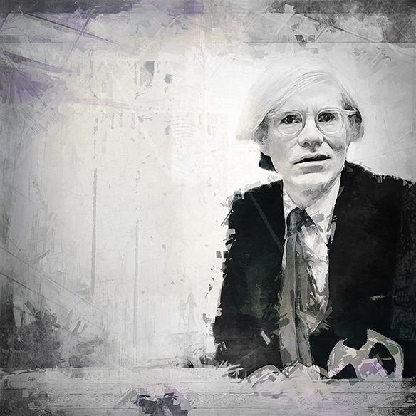 Konsttryck, semiabstrakt svartvitt med bild på Andy Warhol till höger i bilden