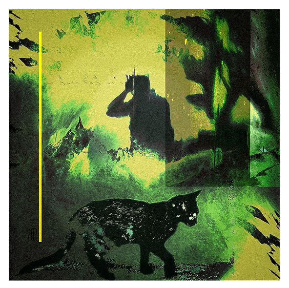 Konsttryck, semiabstrakt i gröna, gula svarta färger, svart katt i förgrunden och människoliknande figur i bakgrunden