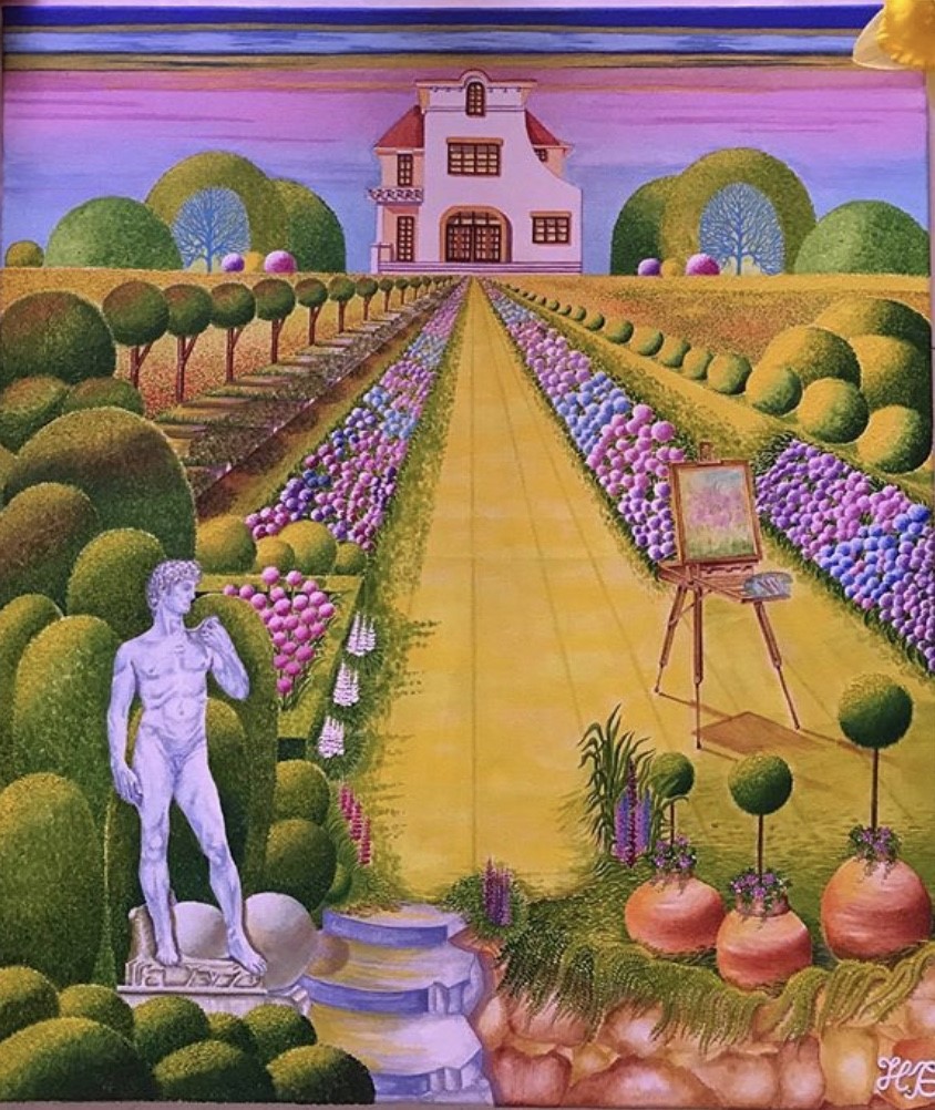 Målning av parkmiljö med en grekisk skulptur, odlingar, ett staffli och ett hus. Grönt, lila och brunt.
