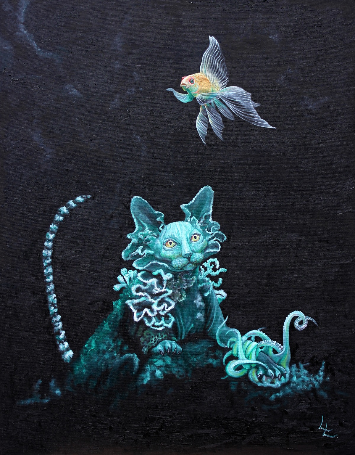 Målning av fisk och katt som vuxit samman med objekt från havet så som korall och bläckfisk. Turkos, svart och gult.