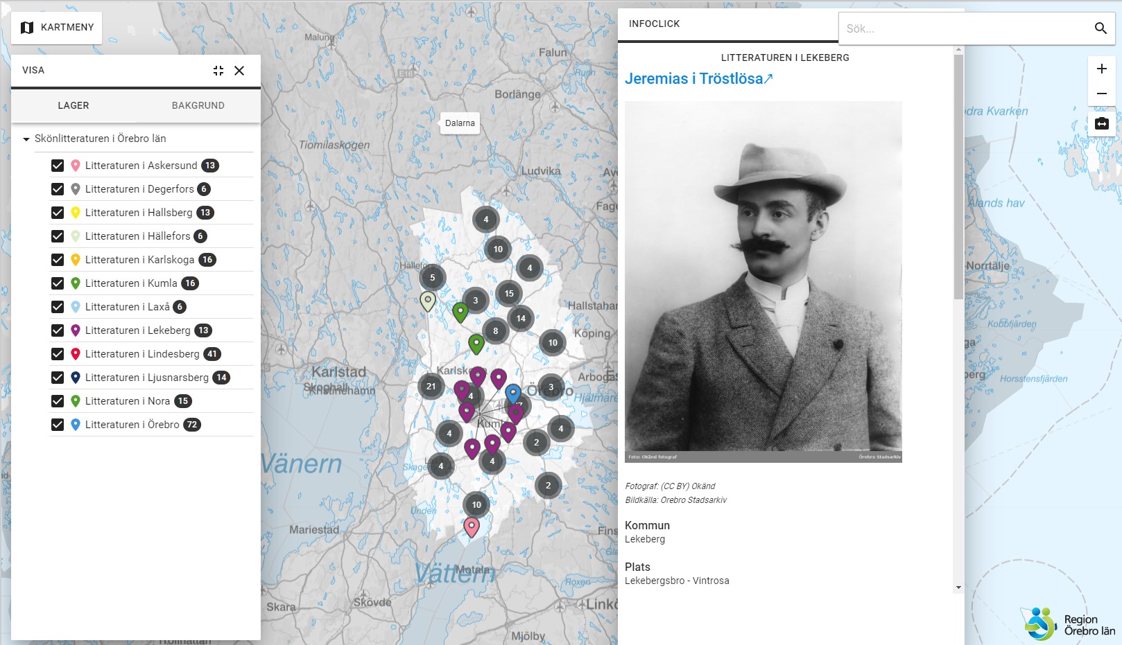 Kartbild Örebro län med kartnålar och faktaruta om Jeremias i Tröstlösa