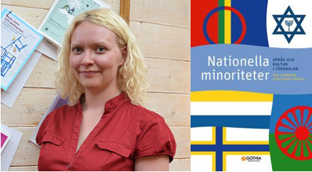 Fotomontage med porträttbild på Ulla-Maija Pesola och flaggor för Sveriges fem nationella minoriteter